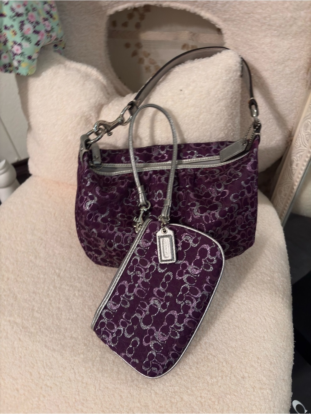 Coach Purple Signature Jacquard Shoulder Bag with Matching pouch